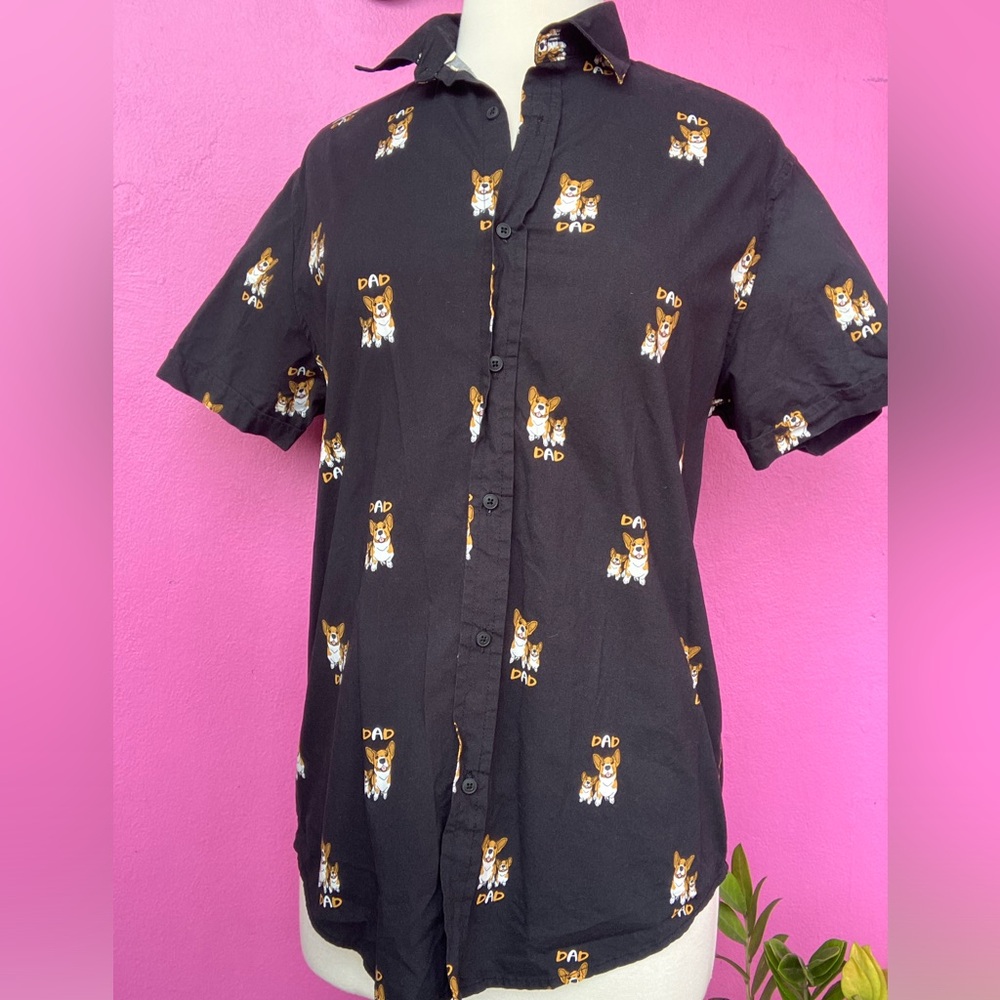 Denim and Flower Corgi Button Down Shirt